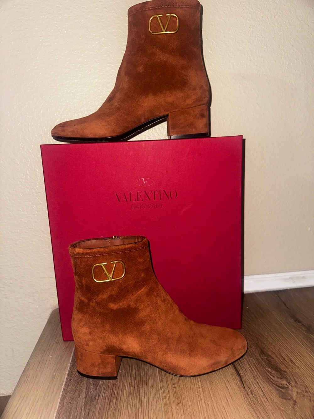 Valentino Garavani Rust Brown Suede Ankle Boots with Gold V Logo
